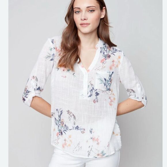 Charlie B made in Italy gauze cotton tunic top p/s Roll Up Sleeve Blouse - Picture 16 of 16